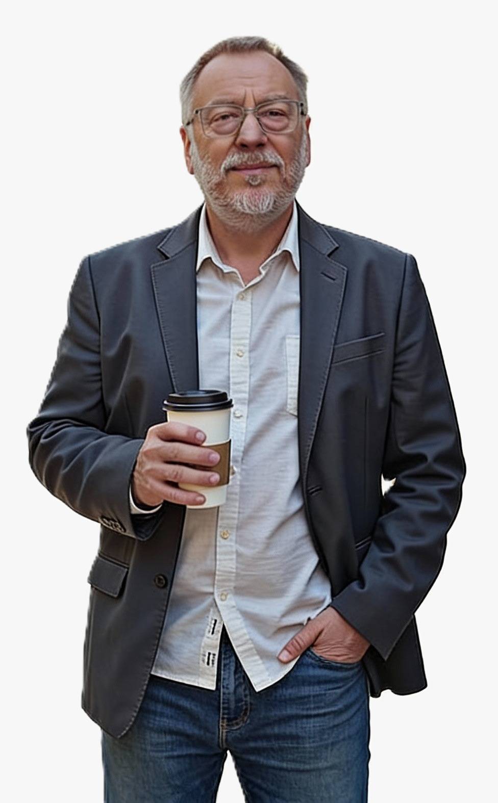 A middle-aged man with glasses and a gray beard stands holding a disposable coffee cup, wearing a dark blazer, white shirt, and jeans against a plain background.